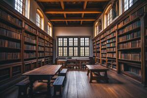 Quiet reading room in an old library with wooden shelves filled with books during daylight photo