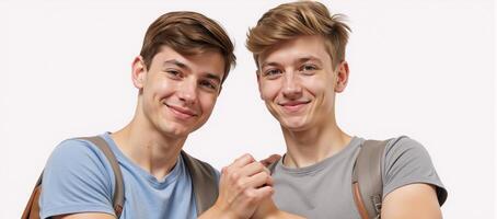 Two smiling gay boys holding hands on a white background emphasizing themes of love acceptance and inclusivity in an educational context photo