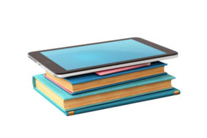 A tablet is on top of a stack of books. The tablet is blue and the books are pink, blue, and white png