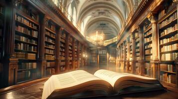 Book opening for education learning in old library. photo