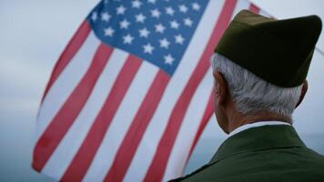 Old Veteran Soldier Looking Up At The USA Flag video