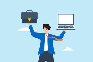 Flat illustration of businessman hold briefcase laptop balance main job side hustle freelancer salary man managing dual work role vector