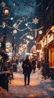 persona es caminando abajo un Nevado invierno calle con Navidad luces y nieve descendente. vectico cuentos ilustración foto