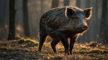 A wild boar walking through a forest, illuminated by soft, natural light. photo