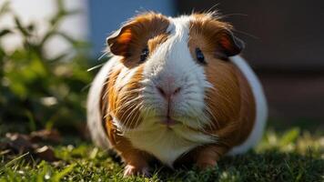 A close-up of a guinea pig resting on grass in a natural setting. photo