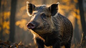 A close-up of a wild boar in a forest setting during autumn. photo