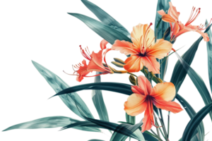 Digital illustration of vibrant orange lilies with green foliage on transparent background. showcasing delicate petals and elegant natural beauty. png