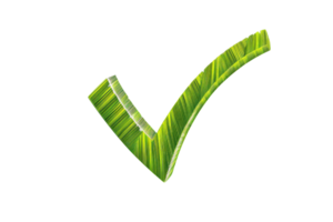 Green check mark symbol made of leaf texture on a transparent background, representing approval, success, or environmental friendliness. png