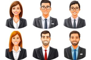 illustration of six business professionals in suits, smiling and looking forward, isolated on a transparent background. png