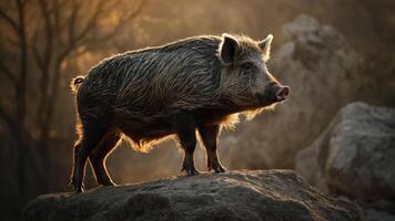 A wild boar stands majestically on a rock, illuminated by soft, warm light. photo