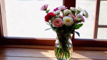 Mixed Flower Bouquet on a Wooden Table with Soft Natural Light video