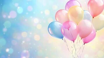 Abstract soft pastel balloons gently rising with a blurred gradient background, leaving ample space for copy photo