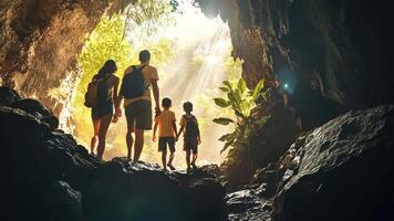 uma família é caminhando através uma caverna com luz solar chegando através video