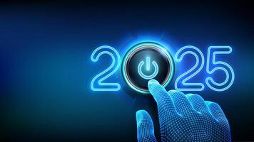 2025 start. Finger about to press a power button. Happy new year 2025. New Year two thousand and twenty five is coming concept. vector