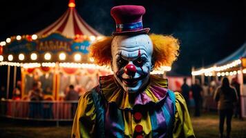 A clown is standing in front of a carnival photo