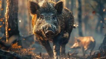 a wild boar walking through a wooded area photo