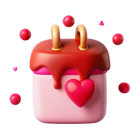 3D Render of a Red and Pink Heart-Shaped Gift Box with Chocolate Drizzle and Hearts Surrounding It png