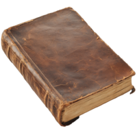 Old leather bound book resting on a wooden surface png