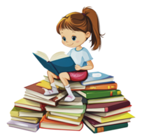 Girl reading on a pile of books png