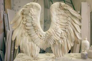 artista creando grande blanco ángel alas escultura en su taller foto