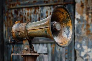 Old rusty weathered megaphone mounted on metal pole broadcasting information photo