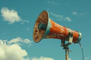 Old, weathered, orange and blue loudspeaker is making an announcement photo