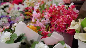 Flowers in pots and bouquets wrapped in paper in store video