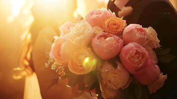 Romantic sunset wedding scene with bride holding bouquet of pink and peach roses video