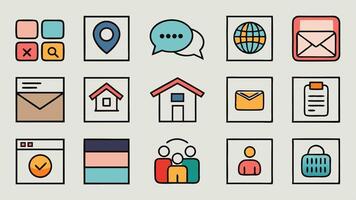 a set of icons that include a phone, email, and other items vector