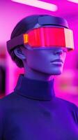 Futuristic mannequin wearing bright VR visor in vibrant neon lights. photo