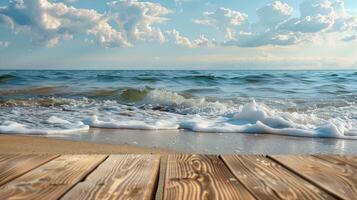 Wooden floor and sea waves on a sunny day photo