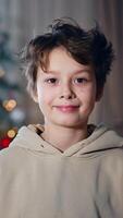 bonito sorridente Garoto dentro bege moletom com capuz sorridente para Câmera. cabelos escuros adolescente posando às a borrado pano de fundo do Natal árvore dentro de casa. vertical video