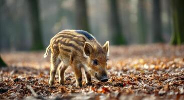 Young wild boar foraging in autumn forest with sunlit brown leaves photo