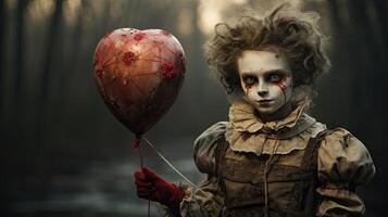 Creepy clown with bloody heart shaped balloon photo