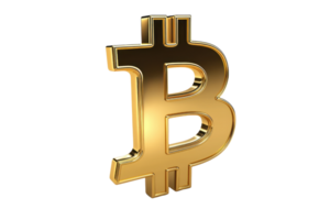 3D rendering of a gold Bitcoin symbol, representing cryptocurrency, digital finance, and blockchain technology in a modern economy. png