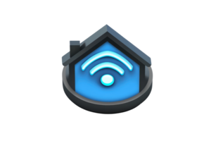 3D icon representing smart home connectivity with Wi-Fi symbol inside a house structure, illustrating modern technology and wireless communication. png