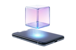 A sleek smartphone with a luminous interactive cube hovering above it, showcasing modern technology. png