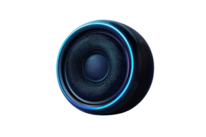 A circular speaker with a sleek design and glowing blue accents, emphasizing modern technology and sound performance. png