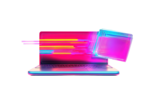 A vibrant depiction of a laptop with glowing digital overlays symbolizing fast data processing and modern technology. png