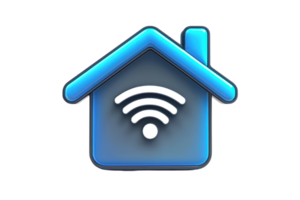 Blue 3D home icon with Wi-Fi symbol representing smart home technology, connectivity, and digital communication in modern living. png