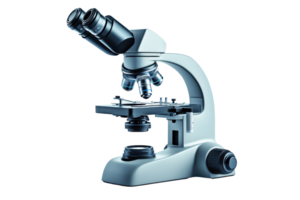 Close-up of a modern microscope, showcasing precision optics and advanced technology, ideal for scientific research and education. png