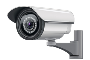 Close-up of a modern security camera mounted on a wall, featuring advanced technology for monitoring and surveillance in various environments. png