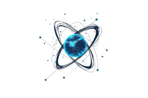 Conceptual image of an atom with orbiting electrons, representing science, technology, and the fundamental building blocks of matter. png