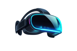 Futuristic virtual reality headset with glowing blue accents, representing modern technology and immersive digital experiences. png