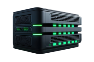 Futuristic server with glowing green lights, showcasing advanced technology and modern data storage solutions in a sleek design. png