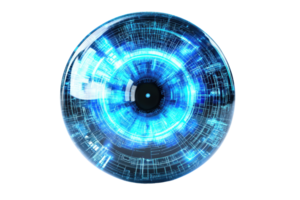 Futuristic digital eye with blue circuitry, symbolizing technology, surveillance, and AI innovation in the modern digital world. png