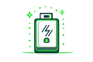 Illustration of a green battery charging with glowing effects, symbolizing energy, power, and sustainability in modern technology. png