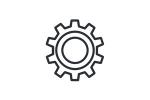 Minimalist gear icon with black outline, symbolizing technology and engineering in a simple, modern design on a transparent background. png