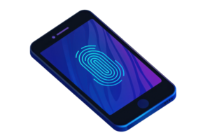 Isometric illustration of a smartphone with a glowing fingerprint scanner on the screen, highlighting modern technology and security features. png