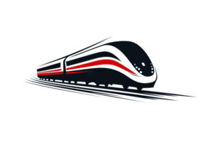 Stylized illustration of a high-speed bullet train in motion, showcasing sleek design and modern technology on railway tracks. png